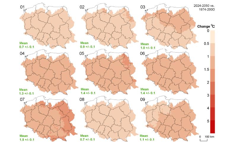 Roczne projekcje zmian temperatury dla bliskiej przyszłości (absolutna