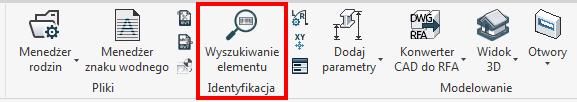 Nowości 1: Wyszukiwanie elementu Począwszy od wersji 2018 R2, program GRAITEC Advance PowerPack dla Revit, udostępnia nowe narzędzie w kategorii Identyfikacja.