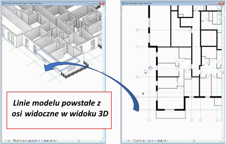 Za pomocą polecenia Do linii modelu można, między innymi, uzyskać prezentację osi na widokach 3D.