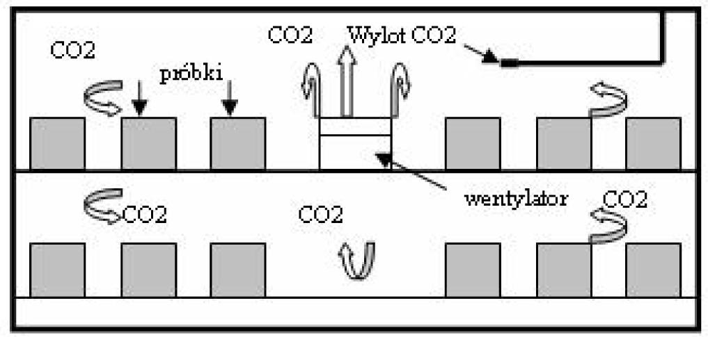 Rys. 1. Schemat umieszczania prób betonowych w komorze karbonatyzacji. Fig. 1. A diagram of the placement of samples in the carbonation chamber.
