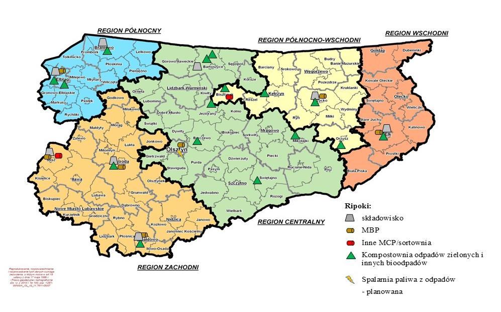 Rysunek 9 Lokalizacja RIPOKów oraz instalacji do termicznego przekształcania z przetworzenia komunalnych w województwie warmińsko-mazurskim W związku z celami określonymi w opublikowanym przez KE w