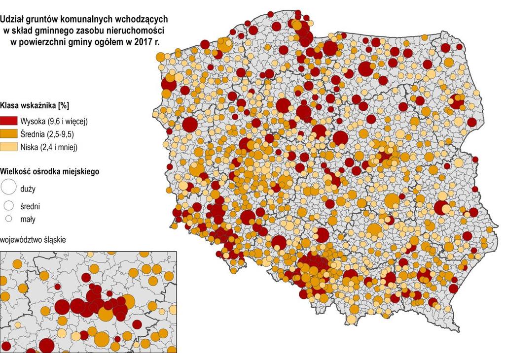 Nieruchomości komunalne stan zasobów polskich miast Grunty wchodzące w skład GZN w 2017 r.: 3,7% powierzchni miast ogółem Najwyższe wartości wskaźnika w 2017 r.