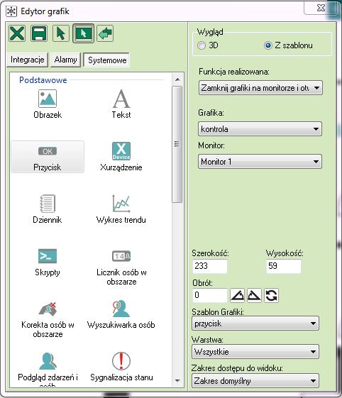 5.1. Rozmieszczanie przycisków otwierających grafiki 1) Po wejściu w edycję grafiki wybieramy zakładkę Systemowe i wybieramy komponent Przycisk.