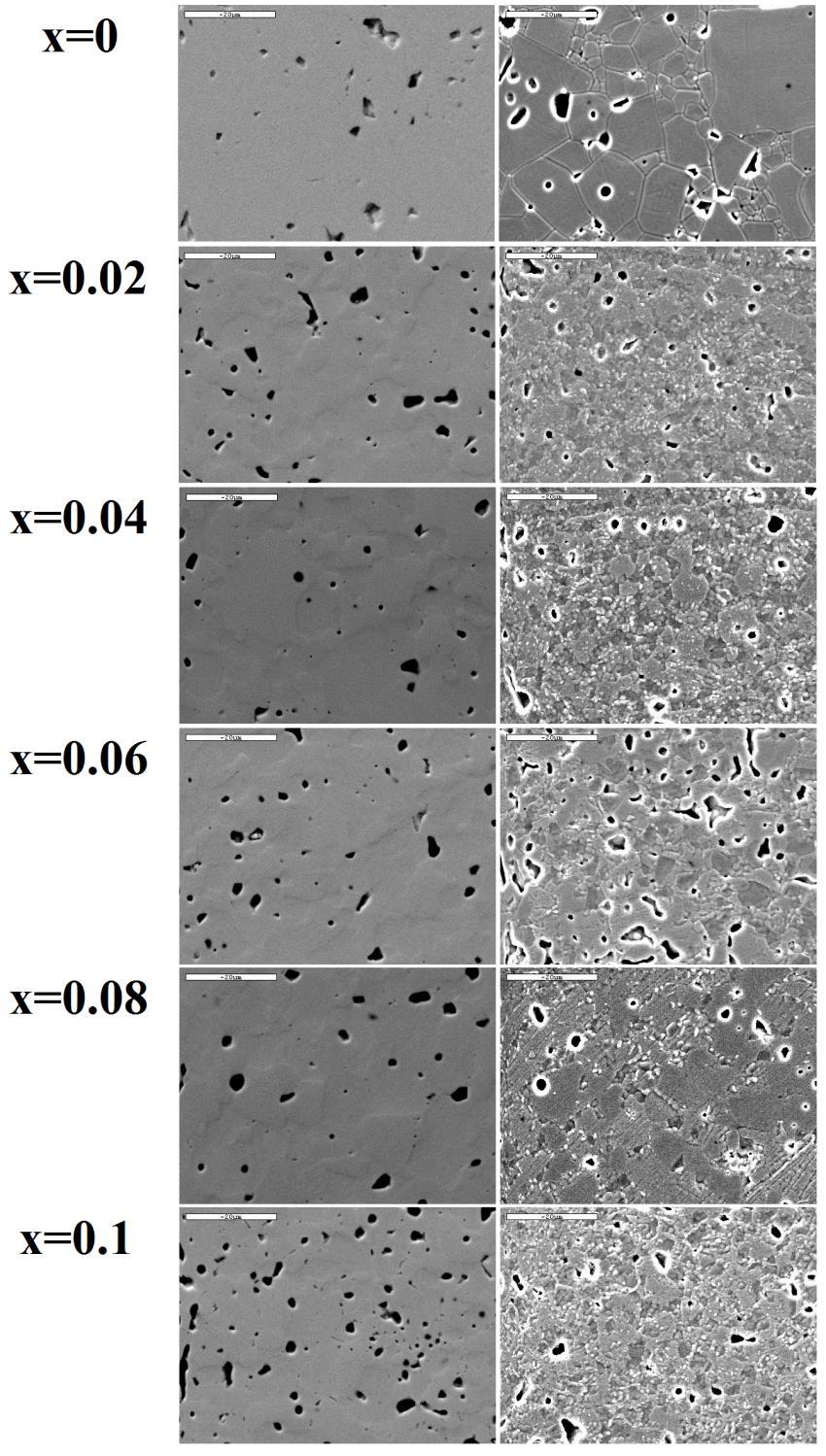 W celu zbadania mikrostruktury ceramik Ag 1-x Li x NbO 3 przeprowadzono badania mikroskopowe SEM. Rys. 50. Obrazy SEM wykonane dla ceramik Ag 1-x Li x NbO 3.