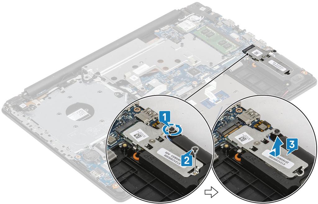 4 Odwróć podkładkę termoprzewodzącą. 5 Wykręć śrubę (M2x2) mocującą dysk SSD do podkładki termoprzewodzącej [1]. 6 Wyjmij kartę SSD z podkładki termoprzewodzącej [2]. Instalowanie dysku SSD M.