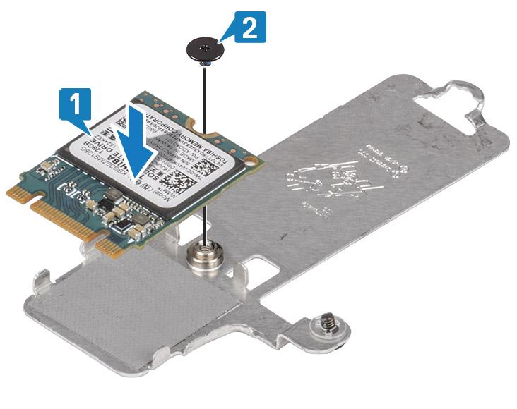 3 Wsuń podkładkę termoprzewodzącą dysku SSD do gniazda dysku SSD [1]. 4 Dokręć śrubę osadzoną mocującą podkładkę termoprzewodzącą do zestawu podparcia dłoni i klawiatury [2].