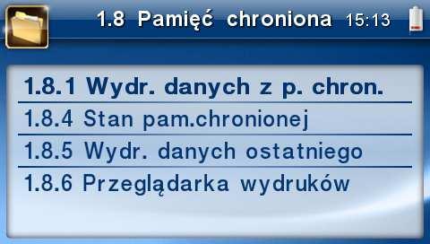 6.8. 6.8 Raport z wydruków pamięci chronionej [1.8.1] Wydr.danych z pamięci chronionej - funkcja umożliwia wydruk dokumentów z pamięci chronionej. [1.8.4] Stan pamięci chronionej - funkcja drukuje raport o stanie pamięci chronionej.