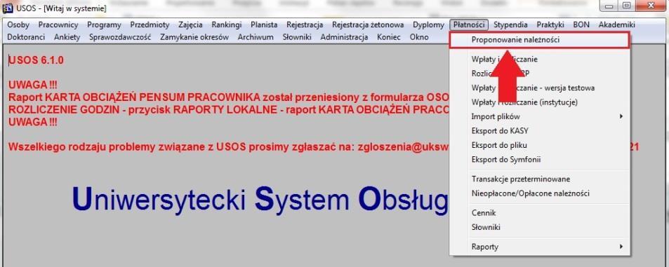 Naliczanie należności z cennika Zbiorcze naliczanie należności dla studentów z danego programu Proponowanie