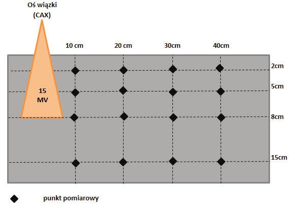 23 Detektory rozmieszczone były na czterech głębokościach: 2 cm, 5 cm, 8 cm i 15 cm oraz czterech odległościach od osi wiązki: 10 cm, 20 cm, 30 cm i 40 cm (Rycina 2). Rycina 2.