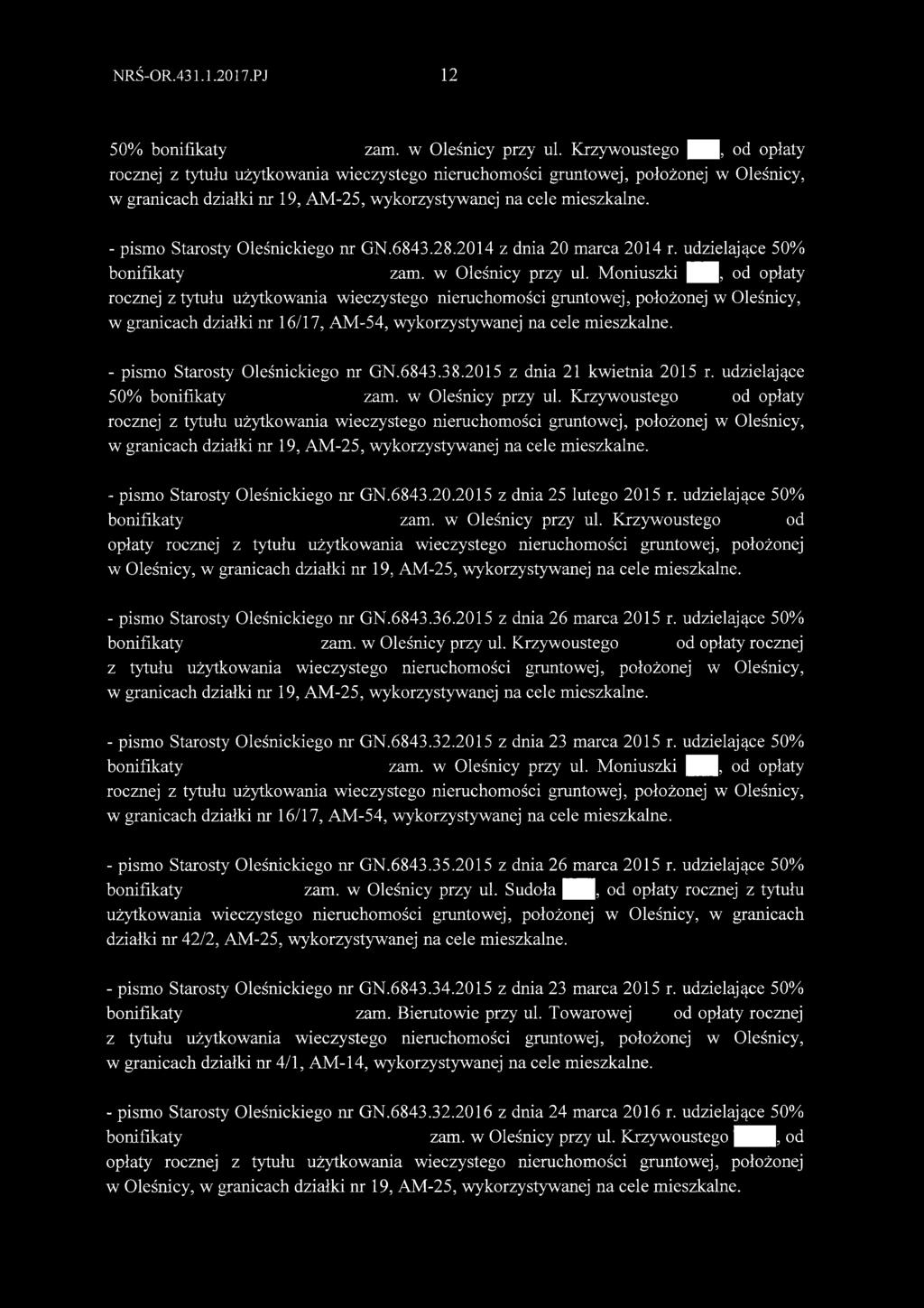 - pismo Starosty Oleśnickiego nr GN.6843.28.2014 z dnia 20 marca 2014 r. udzielające 50% bonifikaty zam. w Oleśnicy przy ul.