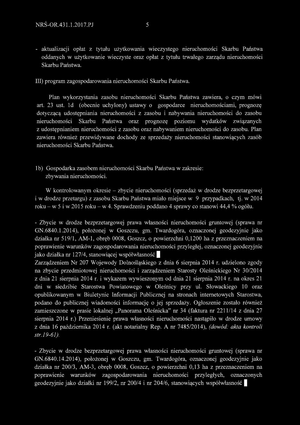 III) program zagospodarowania nieruchomości Skarbu Państwa. Plan wykorzystania zasobu nieruchomości Skarbu Państwa zawiera, o czym mówi art. 23 ust.