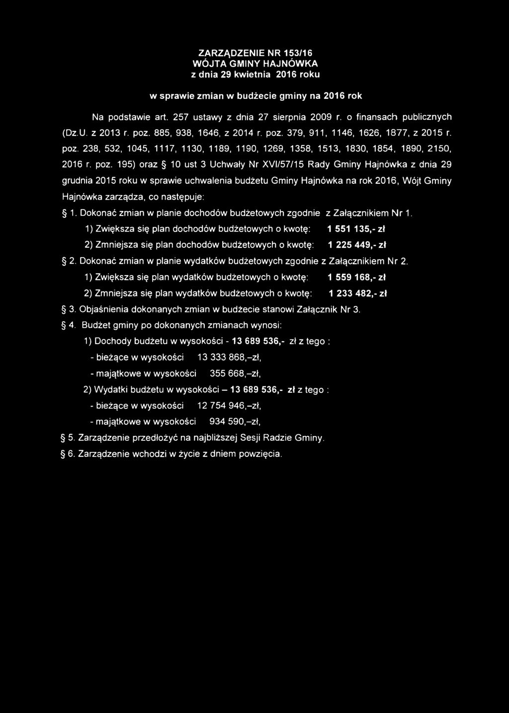 poz. 195) oraz 10 ust 3 Uchwały Nr XVI/57/15 Rady Gminy Hajnówka z dnia 29 grudnia 2015 roku w sprawie uchwalenia budżetu Gminy Hajnówka na rok 2016, Wójt Gminy Hajnówka zarządza, co następuje: 1.