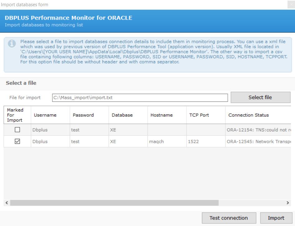 Podłączenie bazy do monitoringu Podłączanie masowe z pliku Struktura pliku: USERNAME,PASSWORD, SID lub USERNAME,PASSWORD,SID, HOSTNAME,TCPPORT
