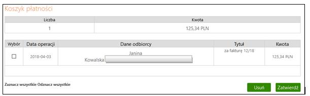 kolumny (np. Dane odbiorcy) pozwoli ustawiać przelewy w porządku alfabetycznym lub rosnąco/malejąco według kwoty lub daty operacji.