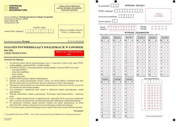 6. Pierwsza strona arkusza do części praktycznej egzaminu i karta oceny dla zdających egzamin potwierdzający kwalifikacje