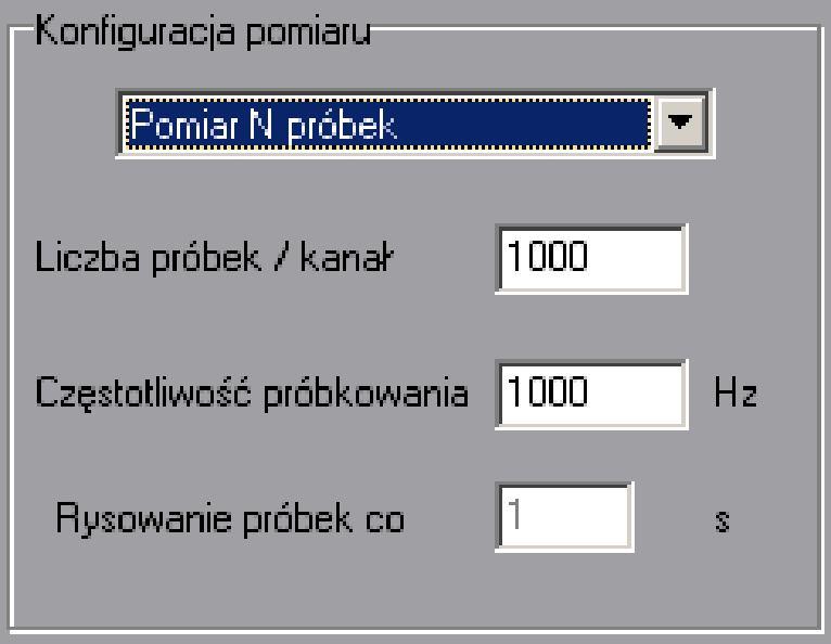 Pomiar N próbek Rysunek 7 Panel Konfiguracji pomiaru / Pomiar N próbek Opcja Pomiar N próbek pozwala na pomiar określonej liczby próbek bez limitu buforu karty.