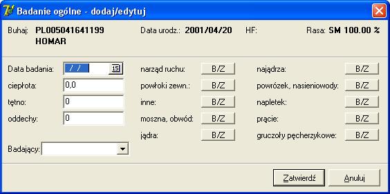 Jeżeli przycisk jest podpisany Opis, tzn. że dla danego narządu jest wprowadzony opis. Jeżeli przycisk jest podpisany B/Z, tzn. że nie ma wprowadzonego opisu.