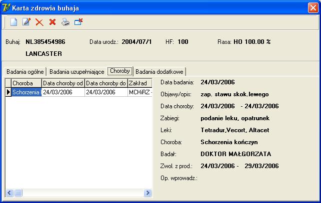 2.3. Choroby Aby obejrzeć listę chorób należy na karcie zdrowia buhaja wybrać zakładkę Choroby. Po wybraniu tej zakładki, okno będzie wyglądało jak pokazano poniżej.
