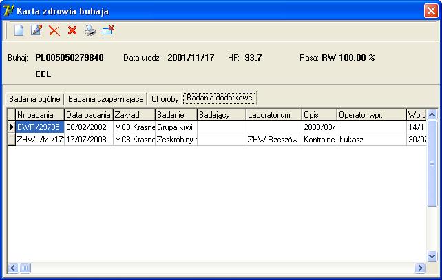 2.4. Badania dodatkowe W celu przejrzenia badań dodatkowych, należy na karcie zdrowia buhaja wybrać zakładkę Badania dodatkowe. Zakładka ta pokazana jest poniżej.