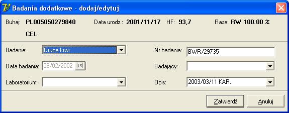 Aby edytować badanie dodatkowe, należy podświetlić na liście wybrane badanie a następnie kliknąć przycisk Edytuj. Na ekranie pojawi się okienko do edycji badania, pokazane poniżej.