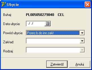Obowiązkowo należy podać datę oraz powód ubycia. Aby potwierdzić wprowadzone dane należy kliknąć przycisk Zatwierdź. Aby zrezygnować z zapisu ubycia należy kliknąć przycisk Anuluj.