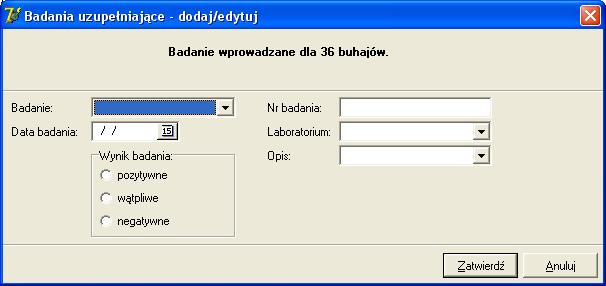 3.1. Badania grupowe Badania ogólne W celu wprowadzenia jednakowych badań ogólnych dla wielu buhajów należy (po wybraniu odpowiedniego filtra) wybrać z menu Badania grupowe funkcję Badania ogólne.