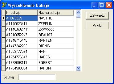 1.2. Szukaj System umożliwia wyszukanie buhaja na liście. Aby uruchomić funkcję szukania, należy na liście buhajów kliknąć przycisk z ikoną Szukaj. Na ekranie pojawi się okienko pokazane poniżej.