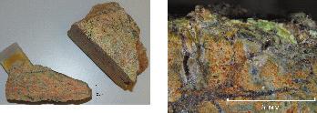 Light-brown-green type; photo on the right side shows voids filled with silica and green minerals 6) Kolejna odmiana, żółto-brunatna z odcieniem czarnym (ryc.