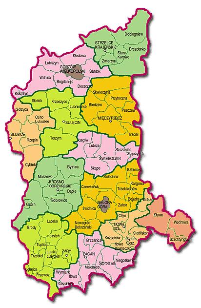 Rysunek 1. Podział administracyjny województwa lubuskiego Demografia Województwo lubuskie położone jest na 13 988 km 2 i jest trzynaste co do wielkości w Polsce.