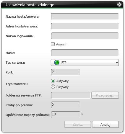 Przegląd opcji Nero BackItUp 4. Kliknij przycisk Nowa. Otworzy się okno Ustawienia hosta zdalnego. Ustawienia hosta zdalnego 5. W polu wejściowym Nazwa hosta/serwera wpisz nazwę połączenia. 6.