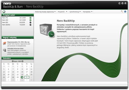 Interfejs użytkownika 3 Interfejs użytkownika Interfejs użytkownika Nero BackItUp jest punktem wyjścia do tworzenia kopii zapasowych, przywracania, synchronizacji i wszelkich innych zadań