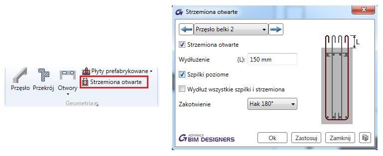 Podobnie jak w przypadku innych typów przekrojów, szczegóły obliczeń obliczeniowych są dostępne w raportach, natomiast szczegóły dotyczące zbrojenia są prezentowane na rysunkach: Strzemiona otwarte w