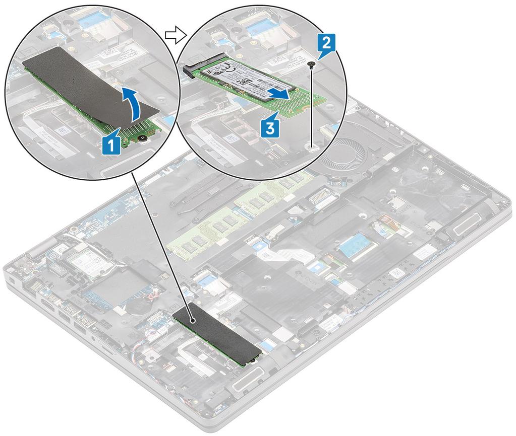 Instalowanie dysku M.2 SSD 1. Włóż kartę SSD M.2 do gniazda w podparciu dłoni [1]. 2.