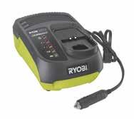 #RyobiToolsEU Ładowarki RC18118C Ładowarka samochodowa 18 V Ładowarkę można podłączyć do gniazda 12 V DC w samochodzie, co daje dodatkową możliwość ładowania akumulatorów podczas jazdy, gdy dostęp do