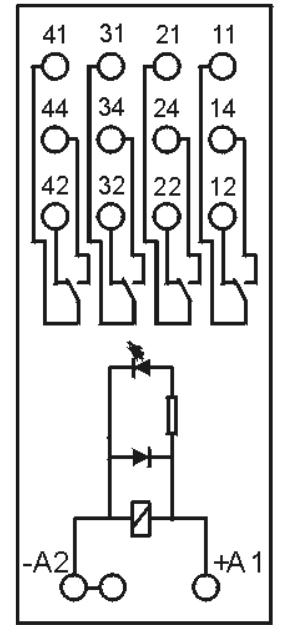 Do których zacisków styku przełącznego przekaźnika należy podłączyć +24 V DC oraz lampki H1 i H2, aby