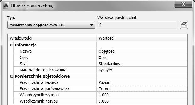 Rys. 4 Okno dialogowe utwórz powierzchnię programu AutoCAD Civil 3d W wyniku działania programu utworzona została powierzchnia Objętość.