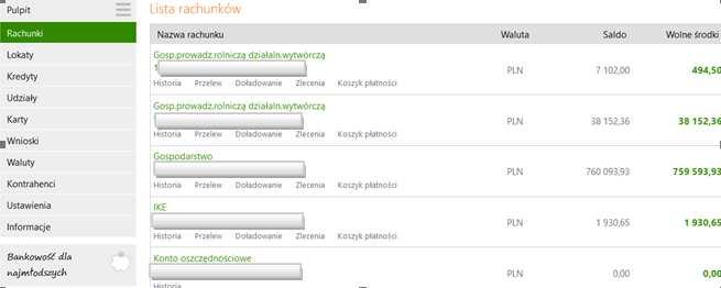 RACHUNKI Lista rachunków wyświetla listę rachunków dostępnych do obsługi przez Internet.
