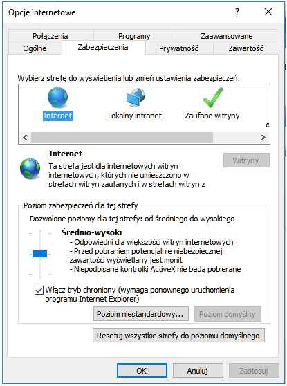 W zakładce [Zabezpieczenia] dla strefy Internet należy