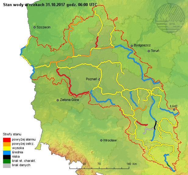 3. Strefy stanów wody W dorzeczu Odry granicznej poniżej Słubic stany wody występują w strefie stanów średnich i wysokich. W dorzeczu Warty w strefach stanów średnich i wysokich, lokalnie niskich.