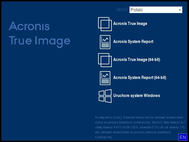 3. Po wyświetleniu menu startowego wybierz Acronis True Image 2020. Jeśli mysz bezprzewodowa nie działa, wymień ją na mysz przewodową. To samo dotyczy klawiatury.
