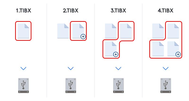 1.tibx plik pełnej wersji kopii zapasowej. 2.tibx, 3.tibx, 4.tibx pliki różnicowych wersji kopii zapasowej.