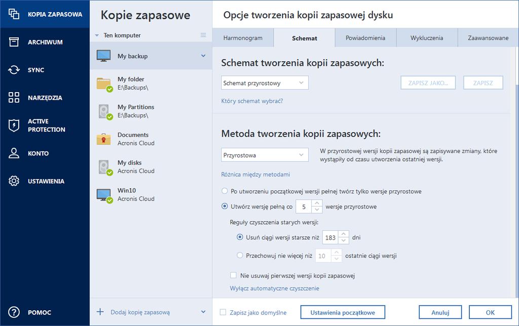 Reguły czyszczenia wersji Program Acronis True Image 2020 umożliwia wybranie jednego z następujących schematów tworzenia kopii zapasowych: Jedna wersja (s.