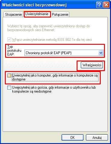 5. Wybieramy właściwy typ protokołu EAP (Chroniony protokół EAP(PEAP)),