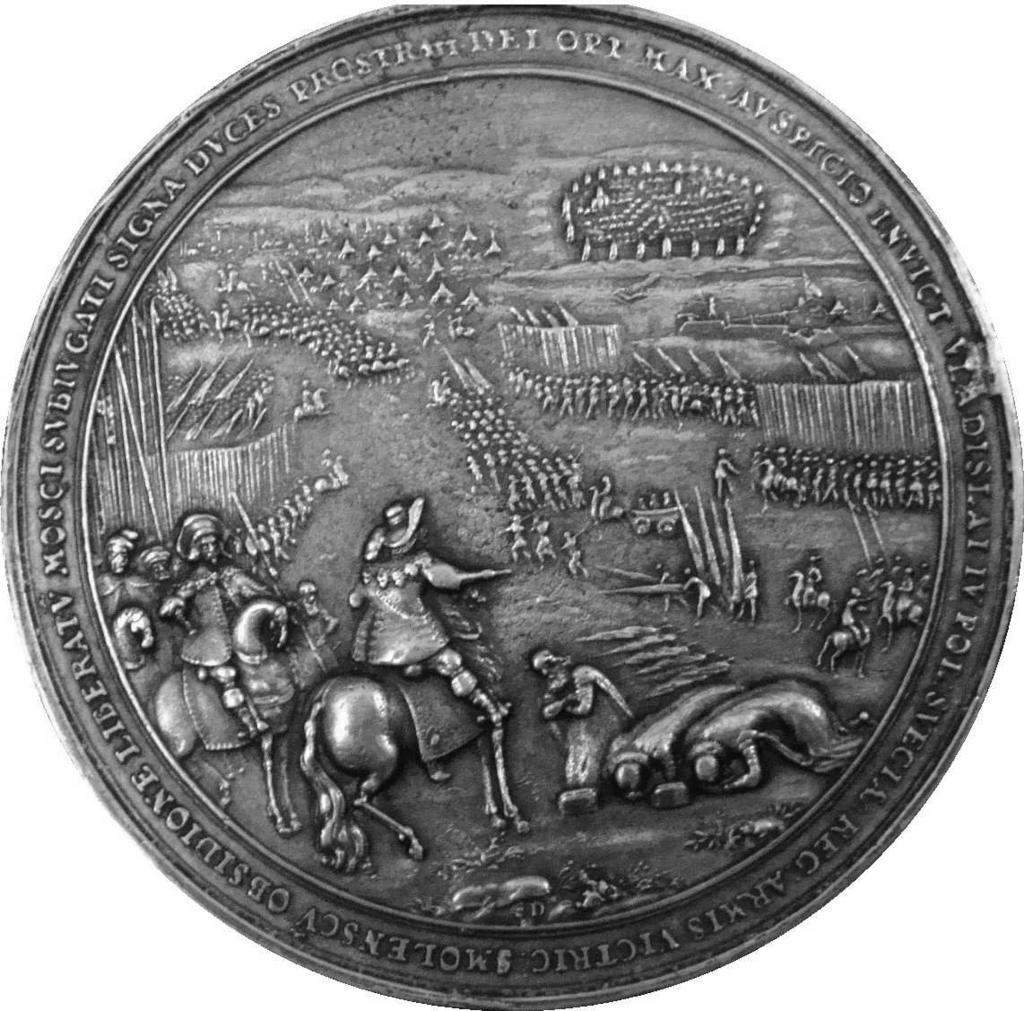 13 Medal S. Dadlera Zwycięstwo wojsk Polski pod Smoleńskiem 1634 rok, scena kapitulacji wojsk moskiewskich przed królem Władysławem IV W roku 1653 uznano w Moskwie, że można przystąpić do działania.