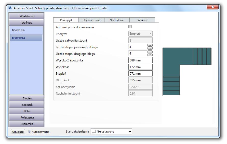 Zaawansowany algorytm obliczeniowy, zawarty w zakładce Ergonomia, umożliwiający automatyczne jak również ręczne sterowanie parametrami, wszystko w zakresach zawartych w zakładce