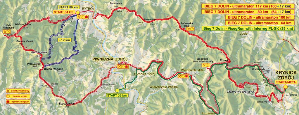 4. Omówienie trasy Biegu 7 Dolin: Trasa prowadzi szlakami i drogami Beskidu Sądeckiego. Główna pętla (100 km) jest wspólna dla wszystkich konkurencji.