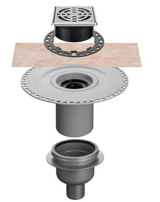 Schlüter -KERDI-DRAIN do wnętrz budynków odpływ poziomy a Obudowa wpustu w warstwie betonu b Nasadka do podłoży cienkowarstwowych c Manszeta Schlüter -KERDI d Pierścień do ustawiania wysokości e