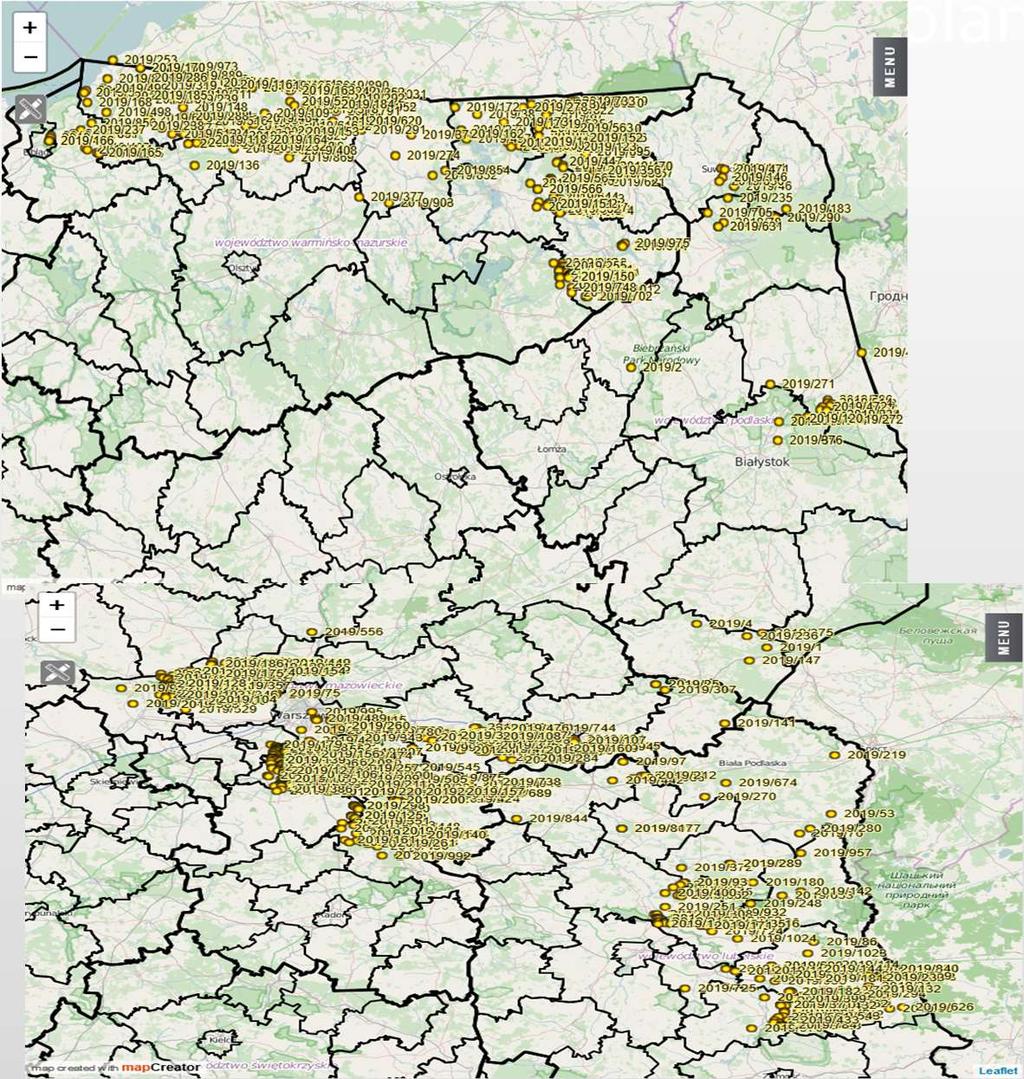 Mapa przypadków ASF u dzików w 2019 r. (do 09.07.2019.) ASF - Epizootic situation in Poland 339 przypadków w woj.