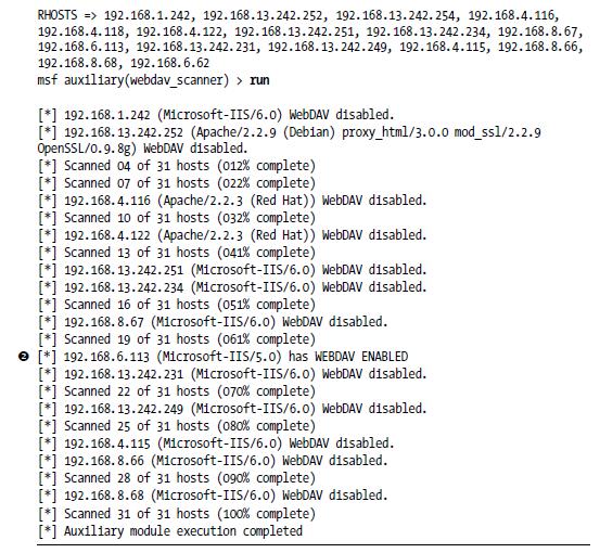 Jak widać w tym przykładzie, liczba serwerów HTTP była skanowane w poszukiwaniu WebDAV (1) i zdarza się tylko jedno włączony WebDAV (2).