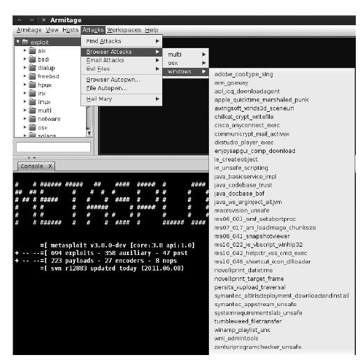 Po uruchomieniu Armitage po prostu kliknij menu, aby wykonać konkretny atak lub uzyskać dostęp do innych funkcji Metasploit. Na przykład na rysunku pokazano exploity przeglądarki (po stronie klienta).